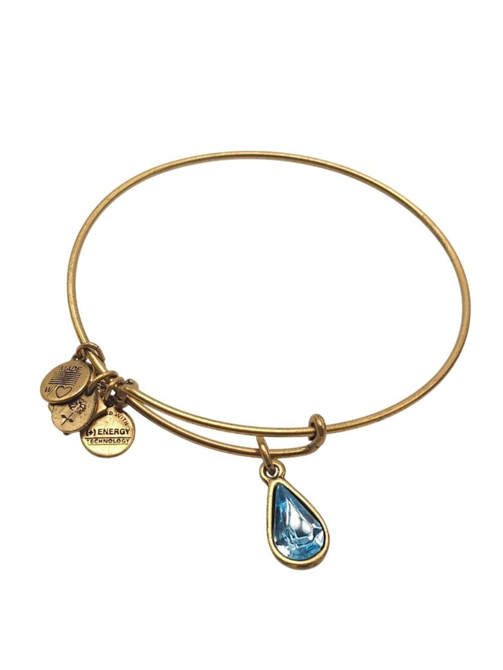 lex And Ani Gold-Tone Adjustable Bangle With Blue Teardrop Charm & Engraved Tags